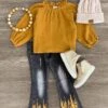 Gold Sequin Distressed Denim Flare Set
