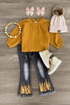 Gold Sequin Distressed Denim Flare Set