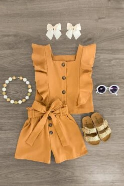 Brown Ruffle Button Short Set