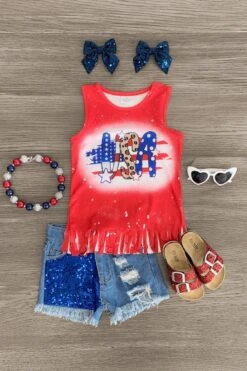 "USA" Red Fringe Sequin Denim Short Set