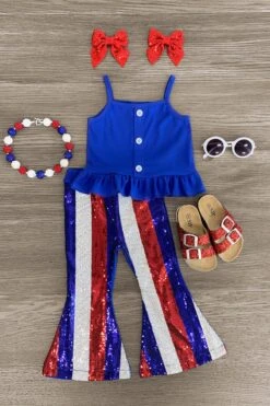 Blue Striped Sequin Bell Bottom Set