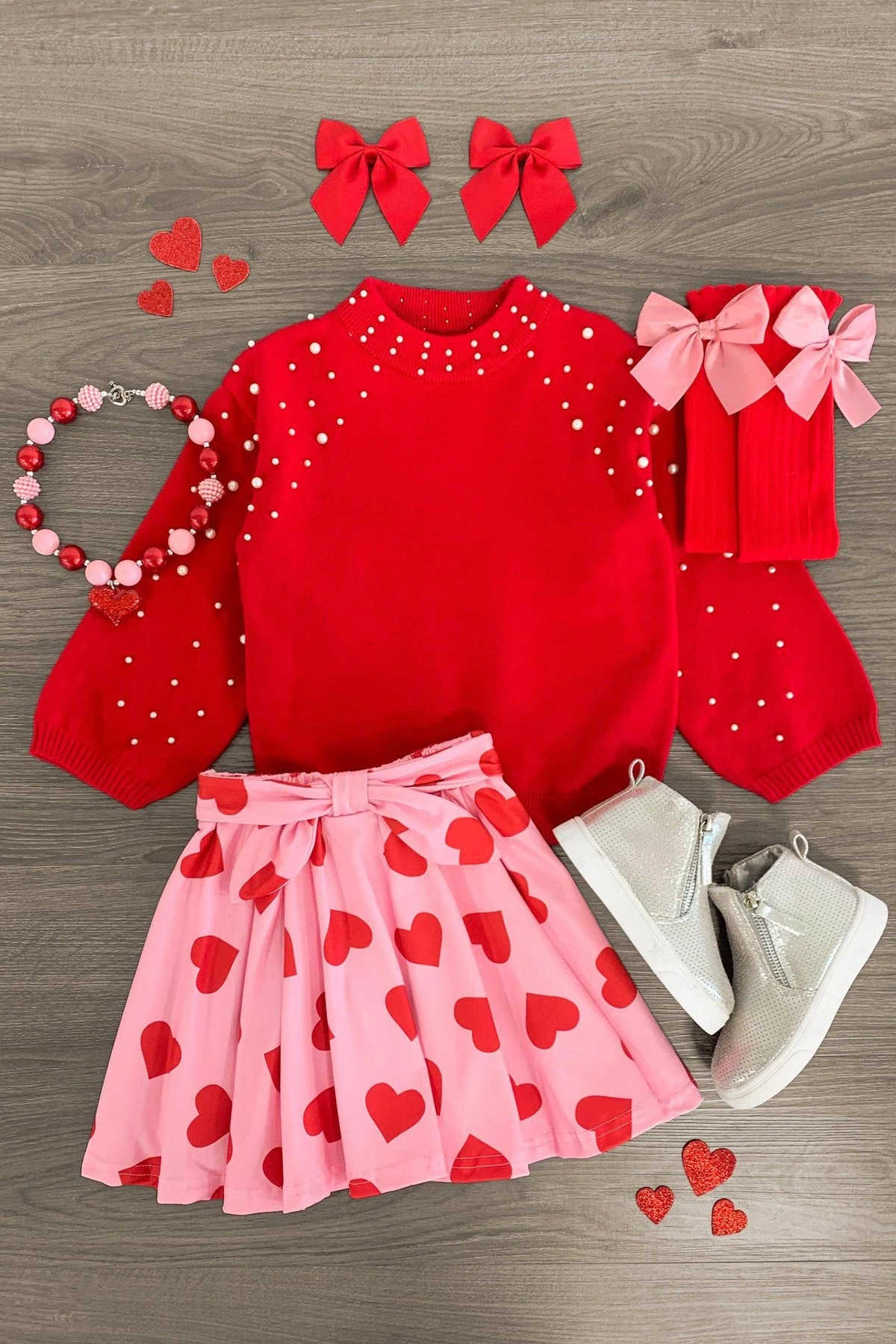 Red Pearl Sweater Hearts Skirt Set 3 Red Pearl Sweater Hearts Skirt Set