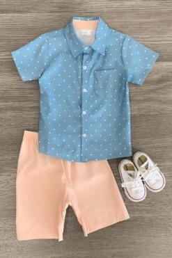 Blue Polka Dot Button Down Short Set