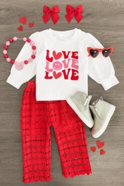 "Love" Red Heart Lace Pant Set