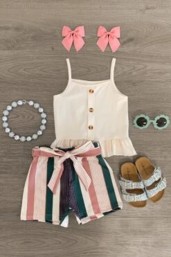 Cream Peplum Striped Short Set