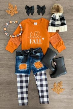 "Hello Fall" Orange Gingham Legging & Denim Short Set