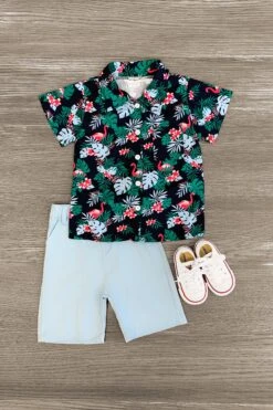 Tropical Flamingo Button Down Short Set