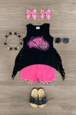 "Cowgirls Don't Cry" Black & Pink Denim Short Set