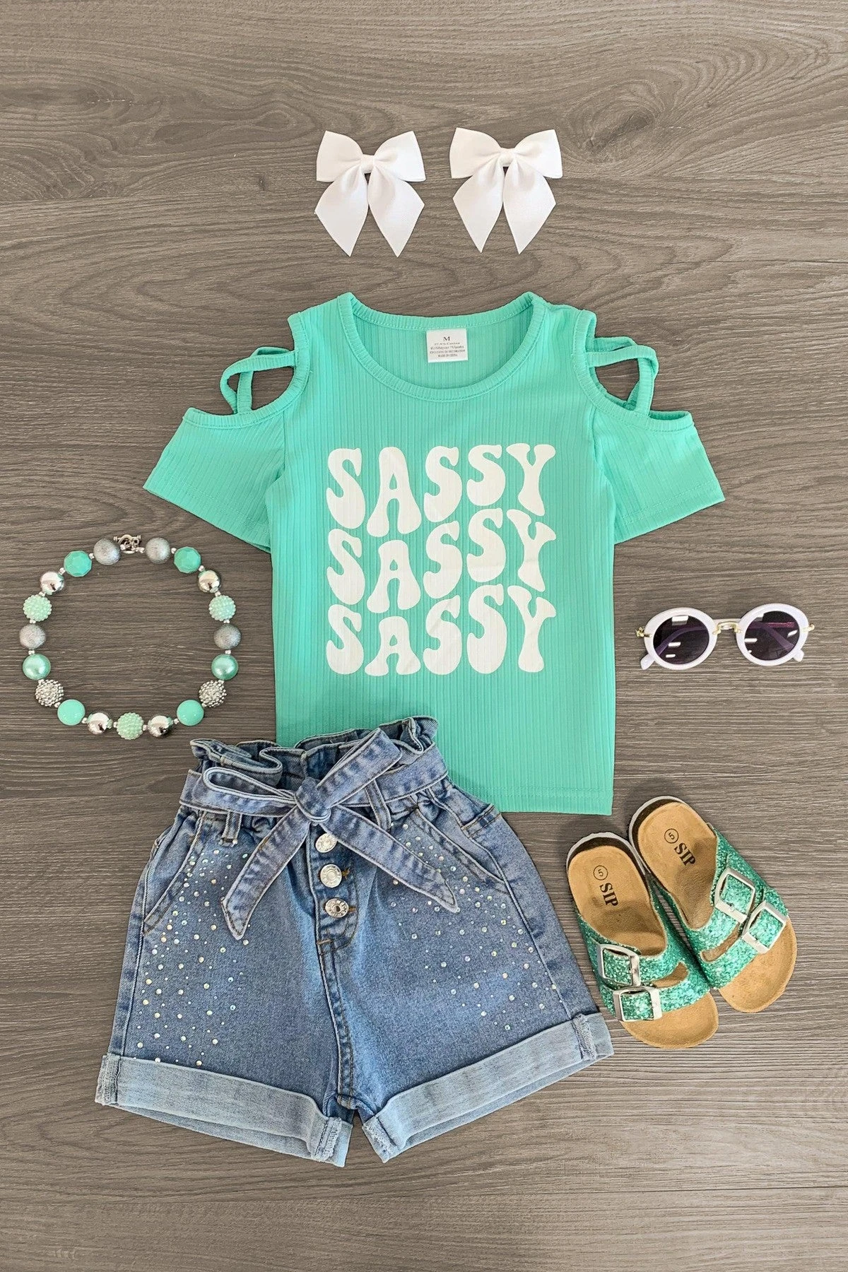 "Sassy Sassy Sassy" Mint Denim Short Set 3 "Sassy Sassy Sassy" Mint Denim Short Set