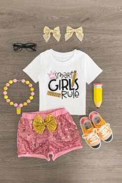 "Smart Girls Rule" Pink Sequin Short Set -Children's boutique clothing IMG 7316 Edit 7d1e2371 b02f 4005 8c22 f1ce520f122e