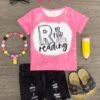 "R Is For Reading" Pink Denim Short Set -Children's boutique clothing IMG 7522 Edit