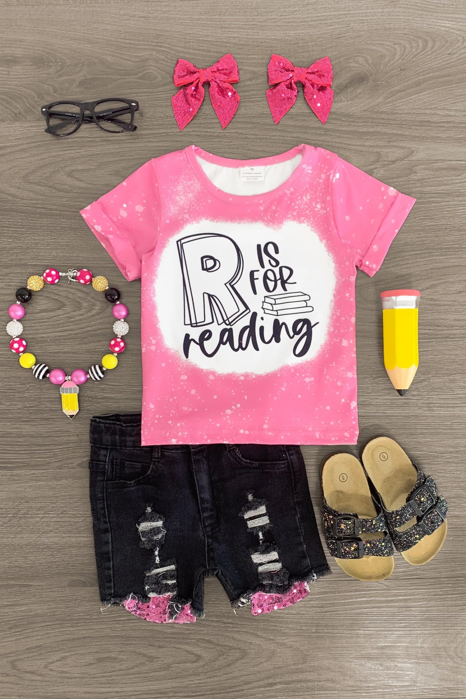 "R Is For Reading" Pink Denim Short Set 3 "R Is For Reading" Pink Denim Short Set