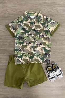 Olive Green Dinosaur Short Set