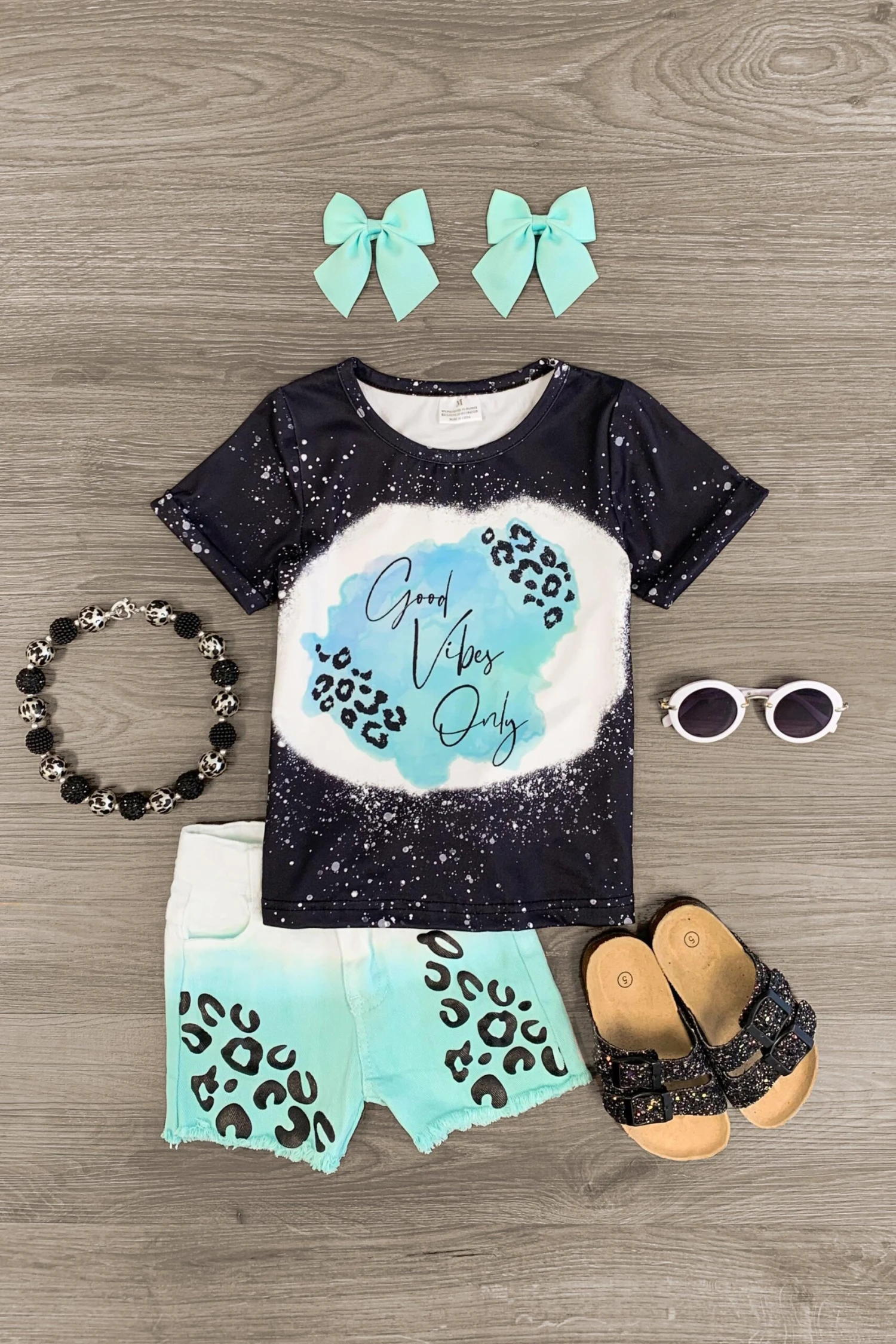 "Good Vibes Only" Mint Cheetah Denim Short Set 3 "Good Vibes Only" Mint Cheetah Denim Short Set