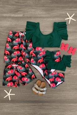 Green Flamingos Family Swimsuits