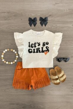 "Let's Go Girls" Rust Fringe Suede Short Set