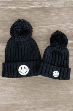 Mom & Me - Black Smiley Face Beanie