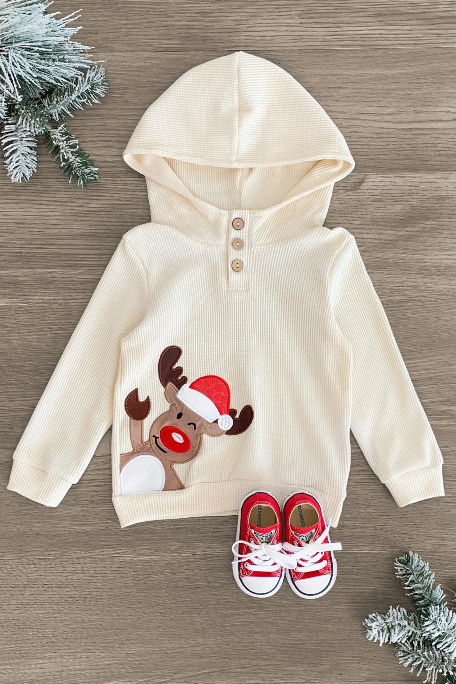 Cream Waffle Knit Reindeer Hoodie 3 Cream Waffle Knit Reindeer Hoodie