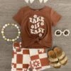 "Take It Easy" Brown Checkered Denim Short Set -Children's boutique clothing IMG 8190 Edit