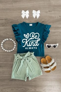 "Be Kind Always" Mint Ribbed Short Set