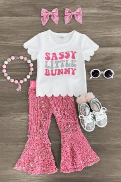"Sassy Little Bunny" Pink Sequin Bell Bottom Set