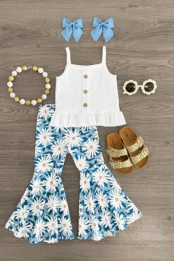 White & Blue Daisy Bell Bottom Set