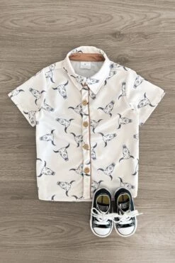 Tan Western Cow Skull Button Down