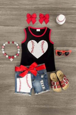 Sequin Baseball Heart Denim Short Set
