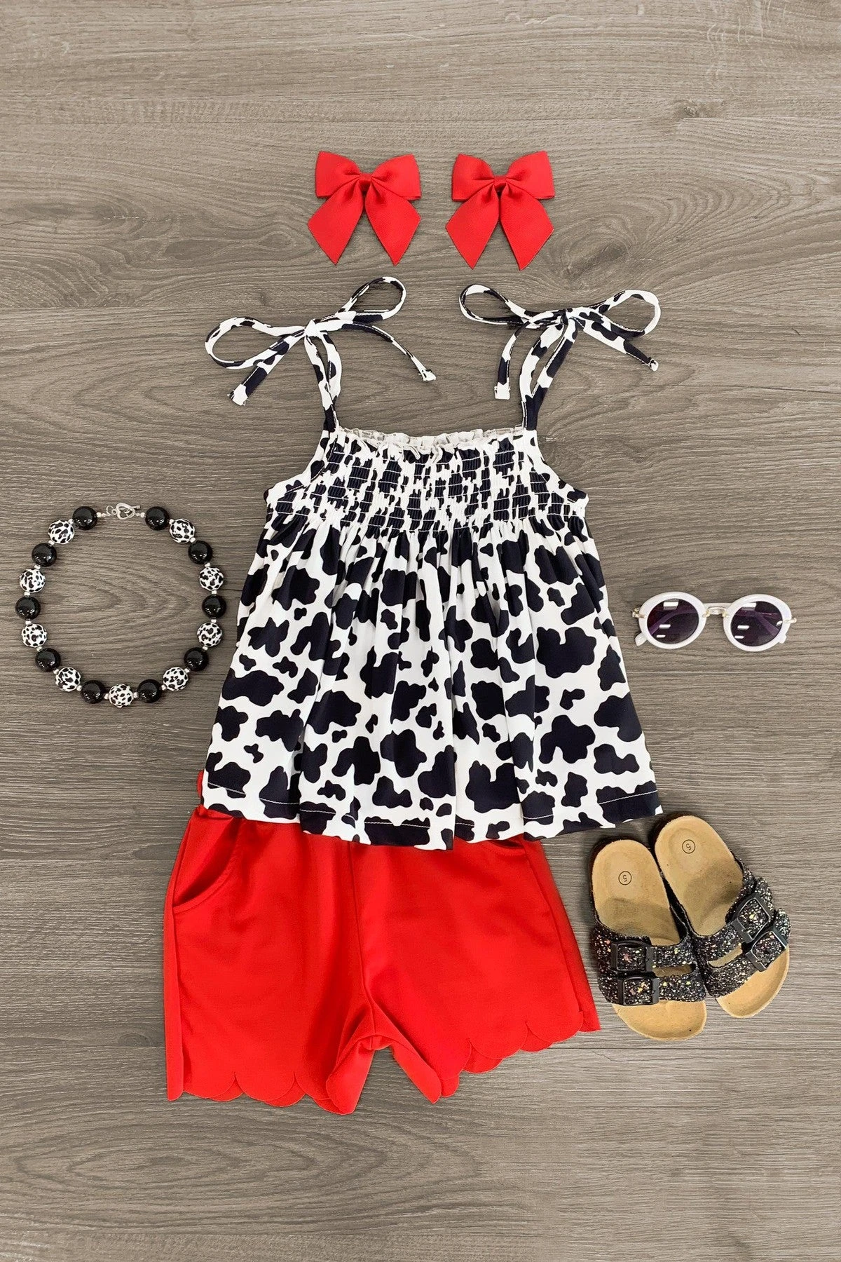 Red Scalloped Cow Print Short Set 3 Red Scalloped Cow Print Short Set