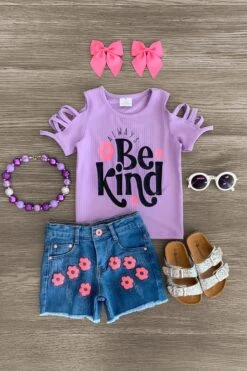 "Always Be Kind" Flower Denim Short Set