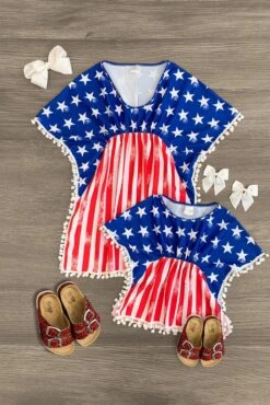 Mom & Me - American Flag Pom Pom Swimsuit Cover Up