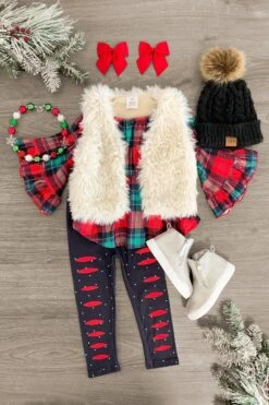 Red Plaid Bell Sleeve Fur Vest Set