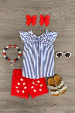 Blue Striped & Red Stars Distressed Short Set