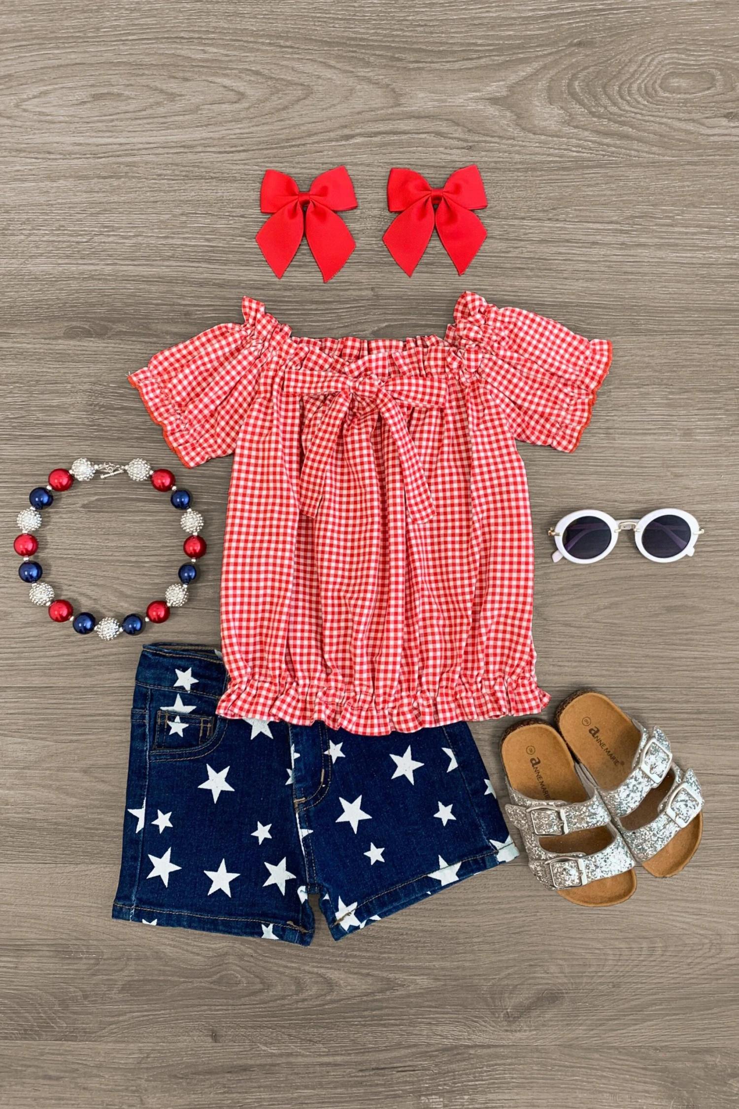 Red Gingham Star Denim Short Set 3 Red Gingham Star Denim Short Set