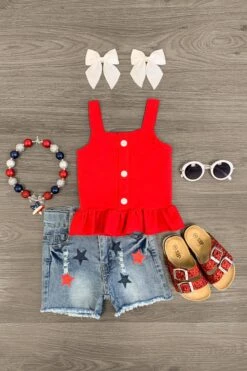 Red Star Distressed Denim Short Set