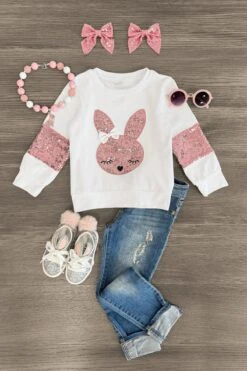White & Pink Sequin Bunny Top