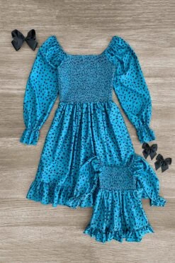 Mom & Me - Teal Cheetah Ruffle Dress