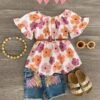 Watercolor Flower Sequin Denim Short Set
