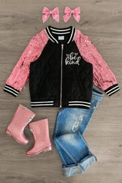 "Be Kind" Black & Pink Sequin Bomber Jacket -Children's boutique clothing IMG 9212 Edit