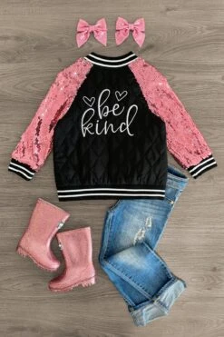 "Be Kind" Black & Pink Sequin Bomber Jacket -Children's boutique clothing IMG 9230 Edit