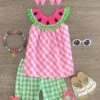 Green & Pink Gingham Watermelon Short Set -Children's boutique clothing IMG 9806 Edit