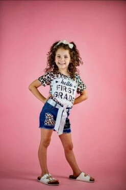 "Hello Preschool - 6th Grade" Cheetah Denim Short Set 21 "Hello Preschool - 6th Grade" Cheetah Denim Short Set -Children's boutique clothing IMG D99331C21C00 1