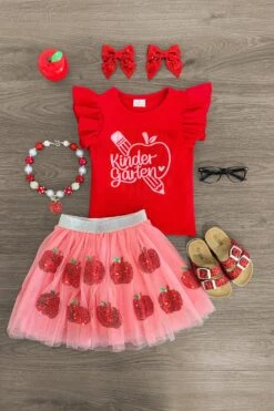 "Pre-K - 4th Grade" Pink Apple Tutu Skirt Set -Children's boutique clothing Kinder Sequin Apple Skirt