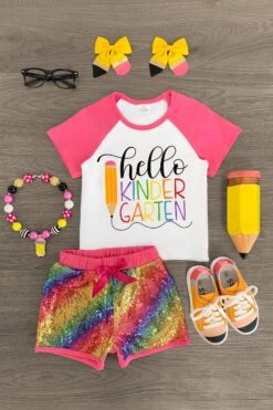 "Hello Preschool - 4th Grade" Rainbow Sequin Short Set -Children's boutique clothing Kindergarton