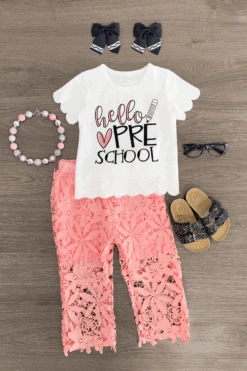 "Hello Pre-K - 6th Grade" Floral Lace Pant Set