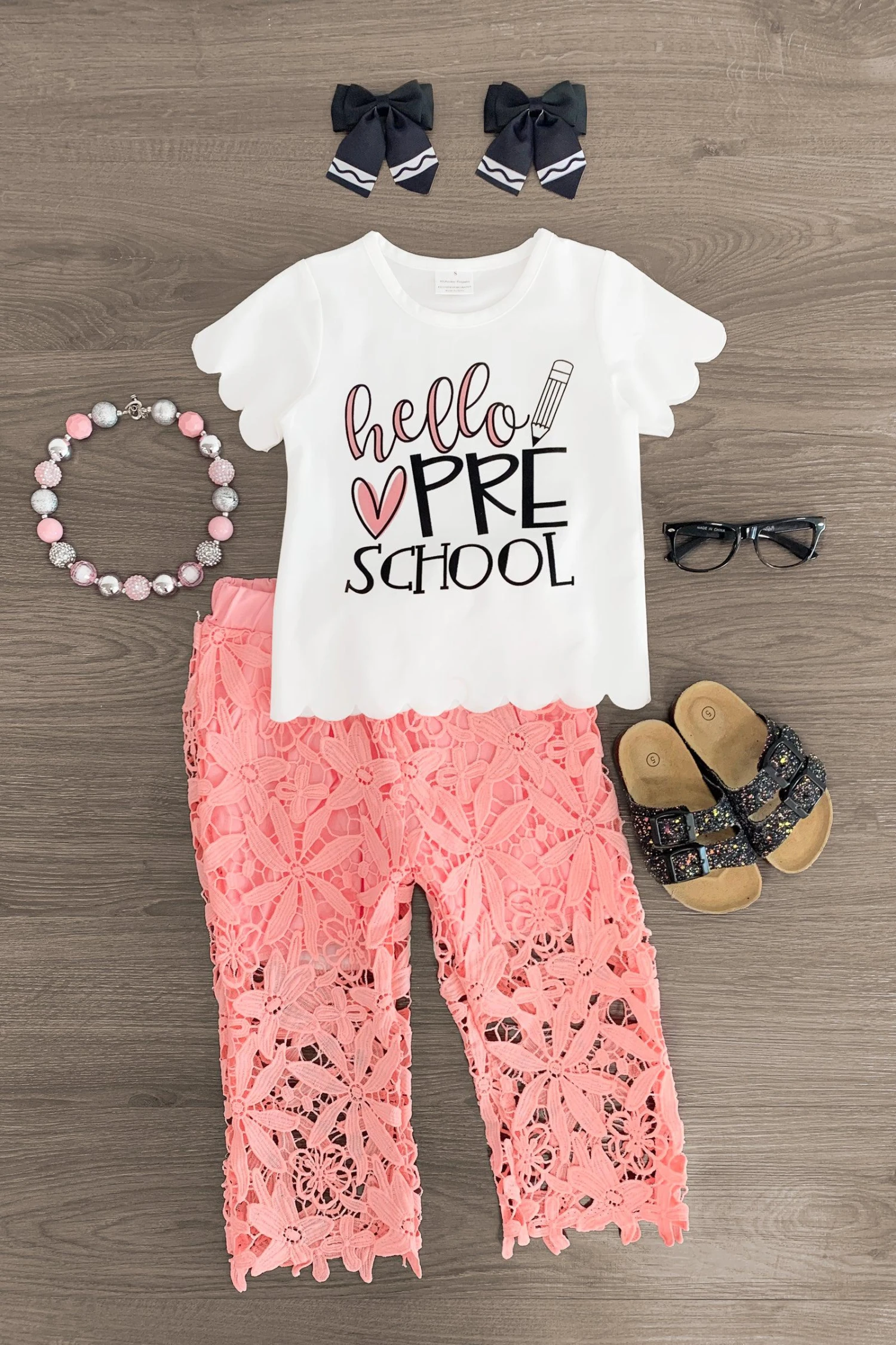 "Hello Pre-K - 6th Grade" Floral Lace Pant Set 4 "Hello Pre-K - 6th Grade" Floral Lace Pant Set - Image 2