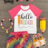 "Hello Preschool - 4th Grade" Rainbow Sequin Short Set -Children's boutique clothing RainbowSequinGrade