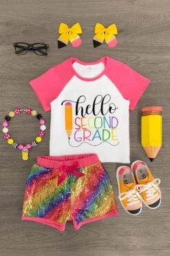"Hello Preschool - 4th Grade" Rainbow Sequin Short Set -Children's boutique clothing SecondGrade
