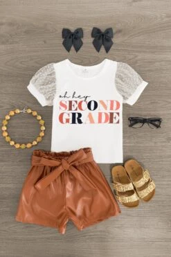 "Oh Hey Pre-K - 6th Grade" Pleather Short Set 15 "Oh Hey Pre-K - 6th Grade" Pleather Short Set -Children's boutique clothing SecondGradeLeatherSet