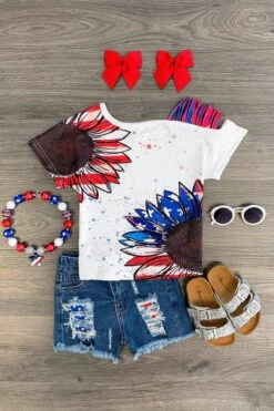 American Sunflower Distressed Denim Short Set